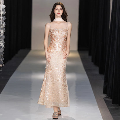 Champagne Rhinestone Spaghetti Strap Mermaid Evening Dress Big Sequins Chiffon Cape Neck Scarf Midi Wedding Guest Gown