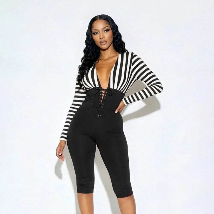 FLARORA Trend Stripe Color Blocking Jumpsuits Woman Deep V Neck Full Sleeve Bandage Skinny Peach Hip Sexy Party Club Overalls