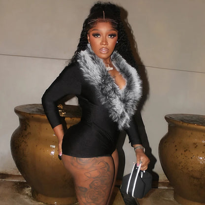 Women Full Sleeve Luxury Fur Deep V Collar Romper Sexy Skinny Fitness Activity Streetwear Hipster Workout Playsuit