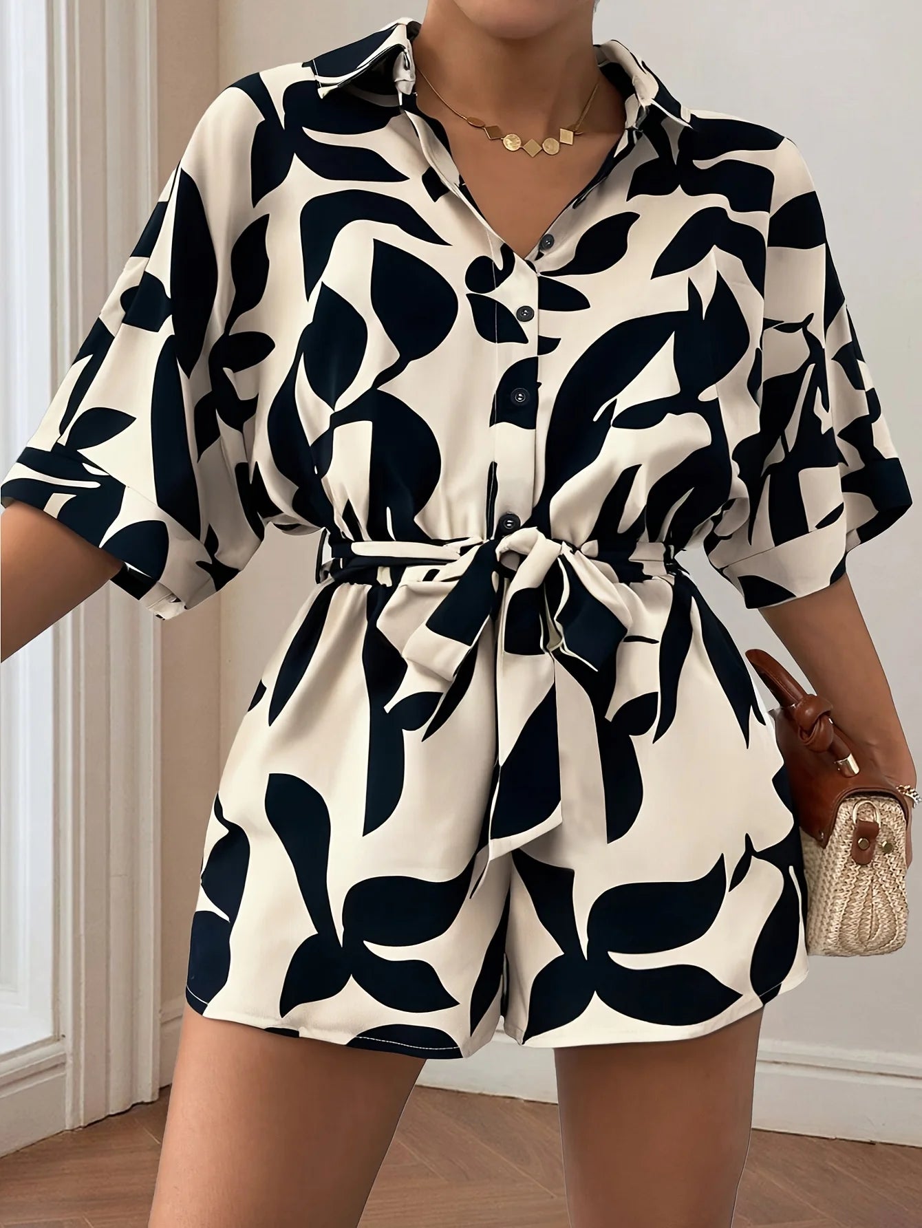 Plus-size Women's Casual Front Snap Shirt Collar Short Sleeve Printed Overalls with Bow Ties