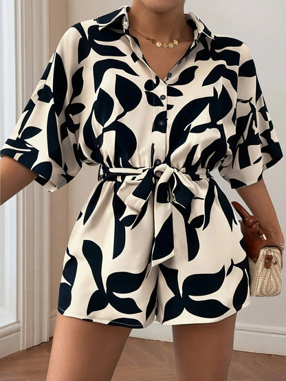 Plus-size Women's Casual Front Snap Shirt Collar Short Sleeve Printed Overalls with Bow Ties