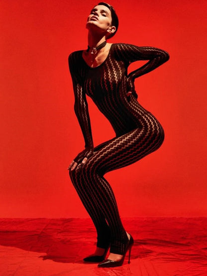 Sibybo Sheer Hollow Out Jumpsuits Women Summer Round Neck Long Sleeve High Stretch One Piece Jumpsuit Rompers Thin Sexy Overalls