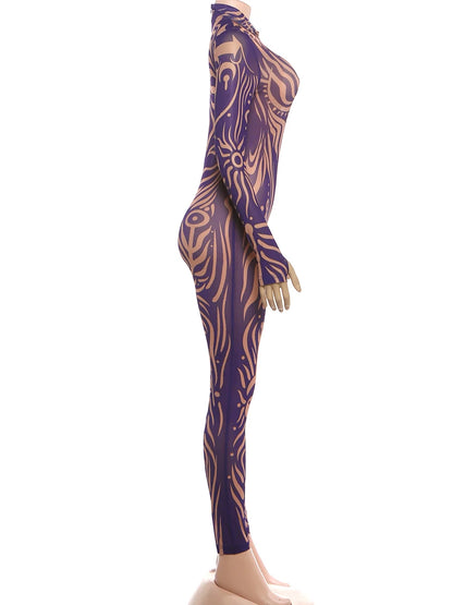 Weird Puss Sexy Striped Print Jumpsuits Women Wild Style Turtleneck Full Sleeve Midnight Party Club Stretch Streetwear Overalls