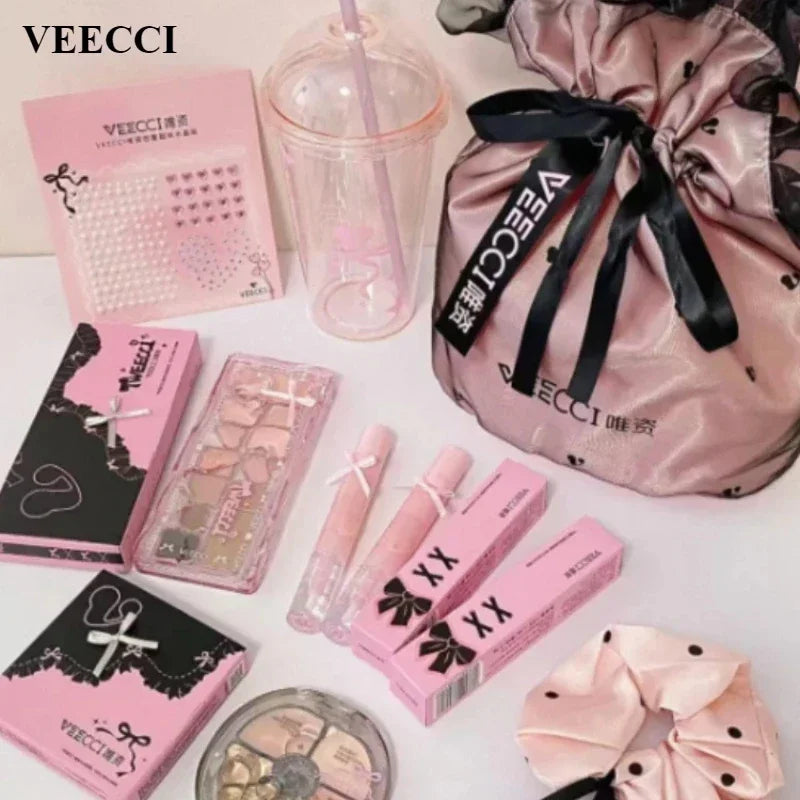 VEECCI Sweet Spicy Girl Ribbon Series Gift Box Makeup Kit Lipstick Eyeshadow Concealer Hair Rope Set Pink Delicate Cute Makeup