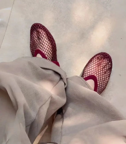 2026 New Model~ Fishnet Rhinestone Ballet Flat Mary Jane Women's Shoes with Hollowed-Out Strap