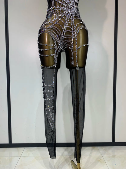 STOCK Sparkly Diamond Women Sexy Mesh Jumpsuit Nightclub Bar Party Show Gogo Dancer Clothing Drag Queen Outfit Stage Costume