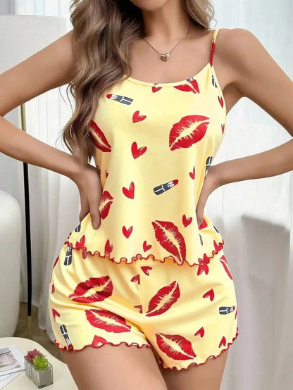 Women's Lip Print Camiso Shorts Pajama Set Summer Sexy Tank Top 2 Piece Set Lounge Wear Female Soft Breathe Sleepwear