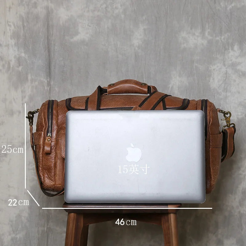 Vintage Large Capacity Men's Top Layer Cowhide Travel Bag Genuine Leather Crossbody Bag Hand-Held Short Distance Luggage Bag