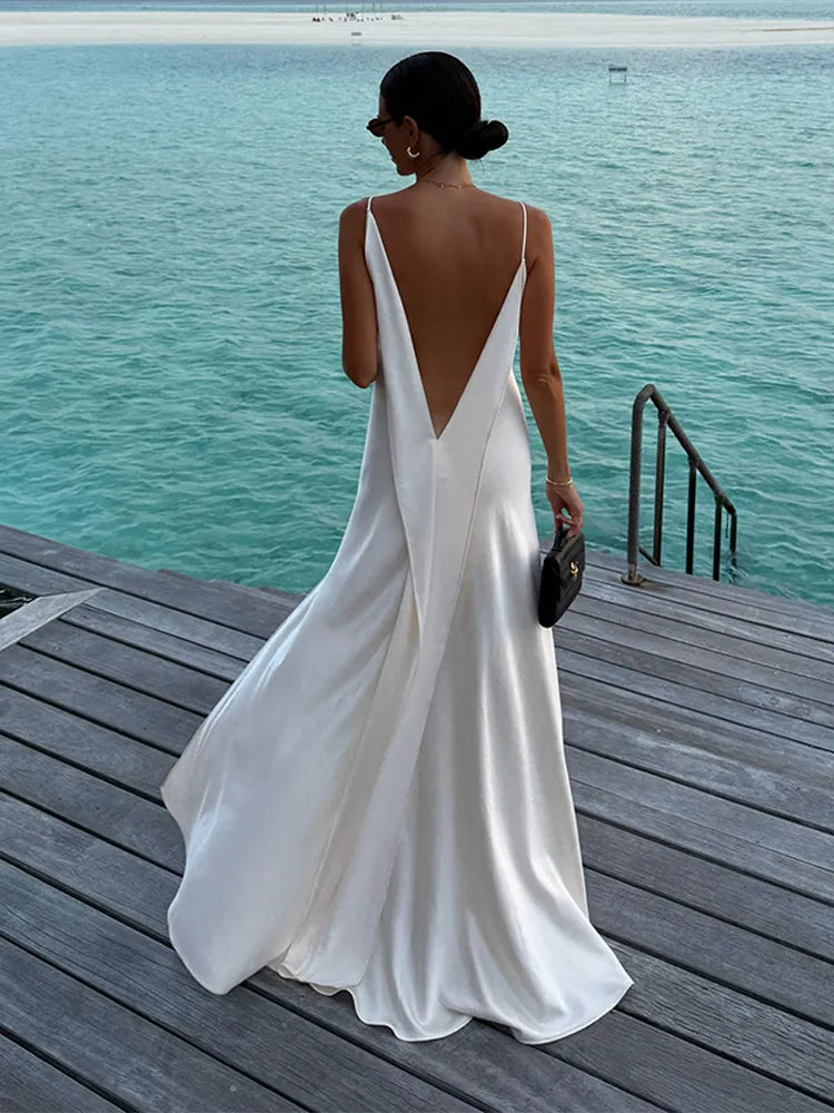 Luxury White Satin Backless Veatido Women Sexy Spaghetti Strap V-neck High Split Midi Dress Vacation Evening Party Beach Outfits