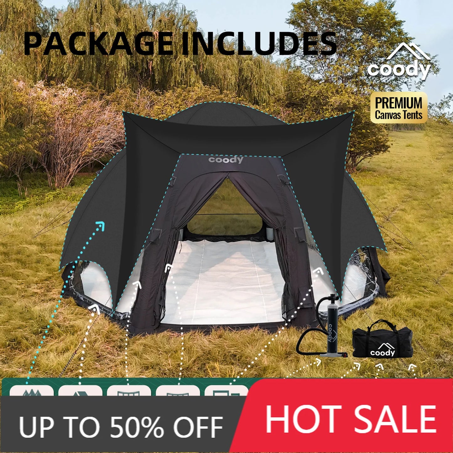 Coody Dome Air Tent Black Classic Geodesic Inflatable Shelter Outdoor Camping Family Dome Canopy Tent
