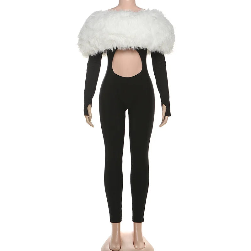 Luxury Faux Fur Patchwork Shiny Jumpsuits Women Fashion Sexy Hollow Out Furry Off Shoulder Long Sleeve Backless Party Overalls