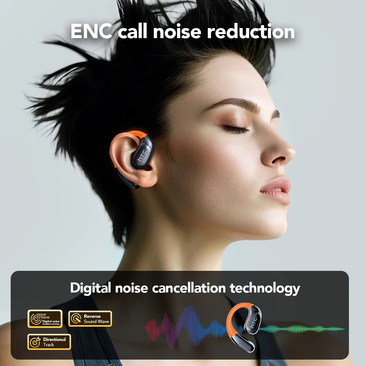 Bluetooth Wireless Headset HTC NE27 AI Real-Time Language Translator Earbuds Ear Hook Touch LCD Display ENC 2026 Choice