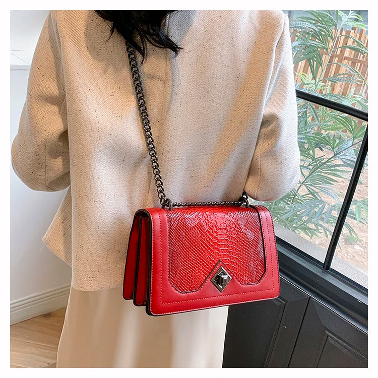 Leather Shoulder Bag Chain Purse for Women - Fashion Crossbody Bags Vintage Snake Print Underarm Bag Square Satchel Handbag