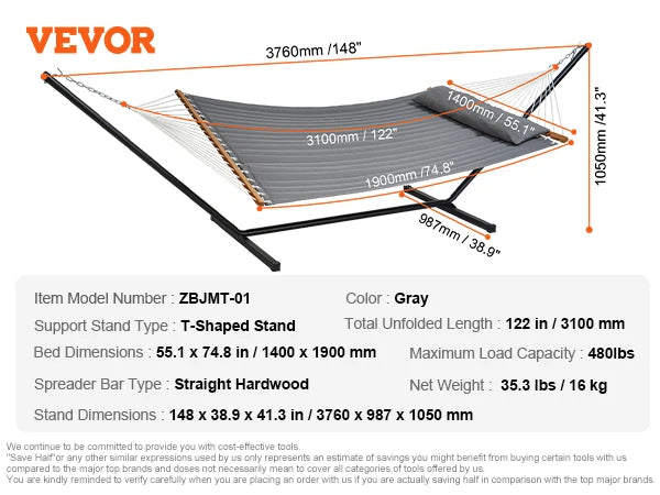 SucceBuy Two Person Hammock with Stand Included Double Hammock with Curved Spreader Bar and Detachable Pillow and Portable Bag