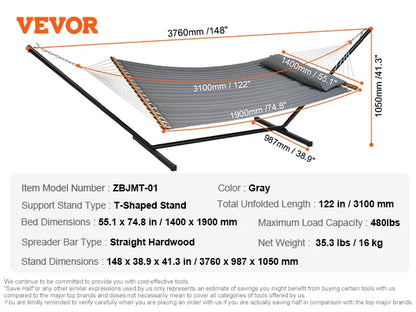SucceBuy Two Person Hammock with Stand Included Double Hammock with Curved Spreader Bar and Detachable Pillow and Portable Bag