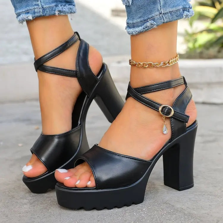 Summer Luxury Diamond Buckle Strap Women's Pumps Square Heel Solid Pumps Shoes Women Fashion Pu Platform High Heels Female