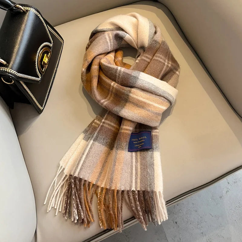 2025 Women 100% Wool Scarf Luxury Plaid Cashmere Handkerchief Warm Winter Female Shawl Pareo Soft Bufanda British Korean