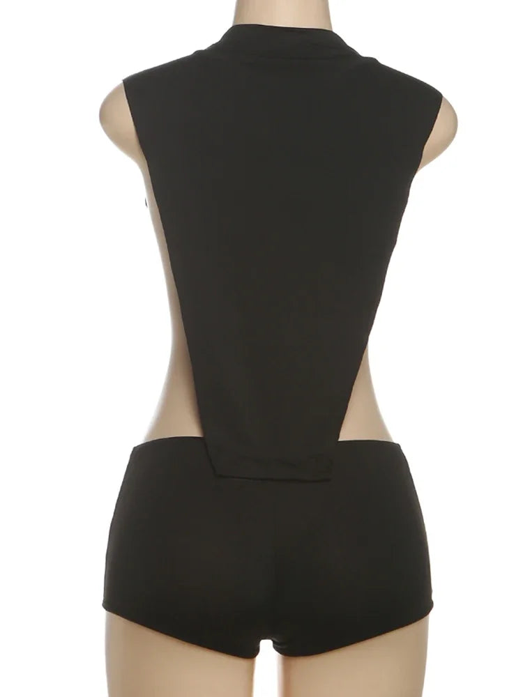 Weird Puss Coquette Women Playsuit Sleeveless Hipster Sexy Ruched Shoulder Side Split Solid Stretch Midnight Clubwear Romper