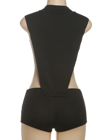 Weird Puss Coquette Women Playsuit Sleeveless Hipster Sexy Ruched Shoulder Side Split Solid Stretch Midnight Clubwear Romper