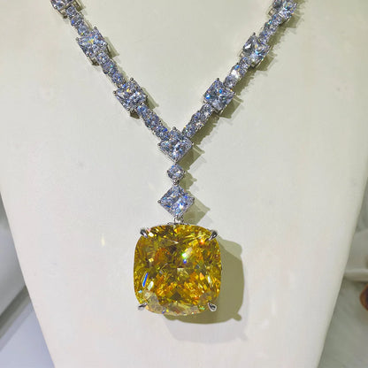 Wong Rain 100% 925 Sterling Silver 30*30 MM Created Moissanite Citrine Gemstone Wedding Cocktail Pendent Necklace Fine Jewelry