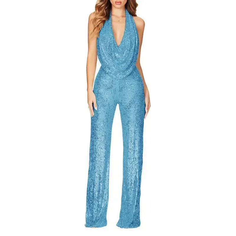 Sequins Sexy Jumpsuits Women Halter Fashion Summer Party Elegant Sleeveless Female New High Waist Street Straight Rompers