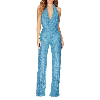 Sequins Sexy Jumpsuits Women Halter Fashion Summer Party Elegant Sleeveless Female New High Waist Street Straight Rompers