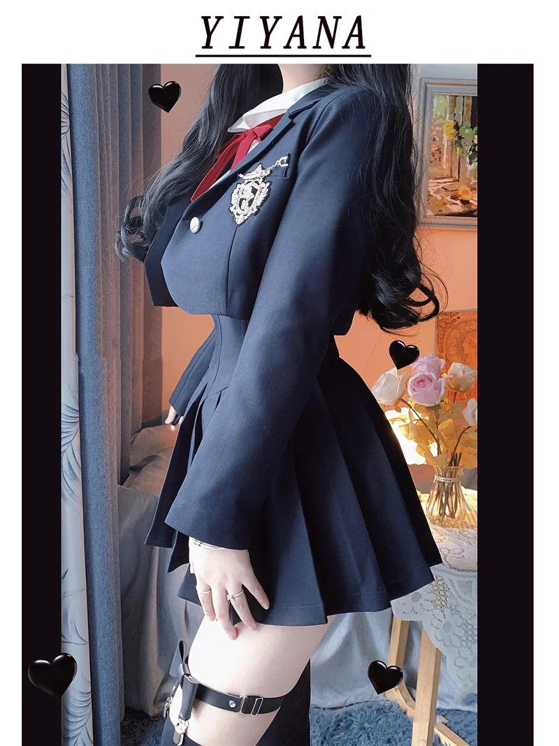 Spring 2025 Preppy Style American Uniform Set Girls Short Suit Coat Long Sleeve White Shirt Slim High Waist Pleated Skirt Navy
