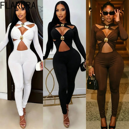 FLARORA Sexy Hollow Out Jumpsuits Woman Trend Metal Buckle Decoration Full Sleeve Skinny Peach Hip Party Club Street Overalls