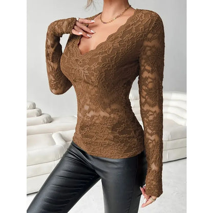 Women Lace V Neck Long Sleeve Sheer Mesh Floral Lace Top Slim Fit See Through Bodycon Jumpsuit for Party Clubwear Daily Wear