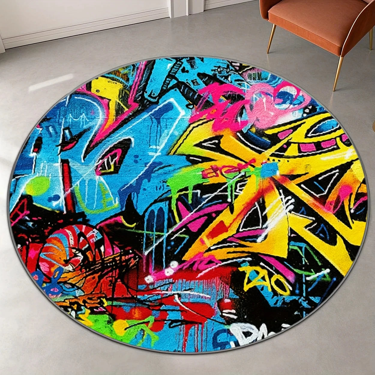 Hip Hop Street Graffiti Art Printed Round Carpet, Modern Cool Urban Style Anti-slip Rug for Entryway Lounge Bedroom Floor Decor