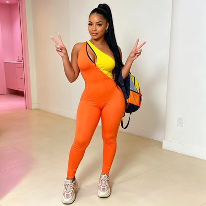 Women Patchwork Jumpsuits Skinny Rompers Full Lenth Sleeveless One Shoulder Top Pencil Pants Slim Office Lady Casual 2026 Summer