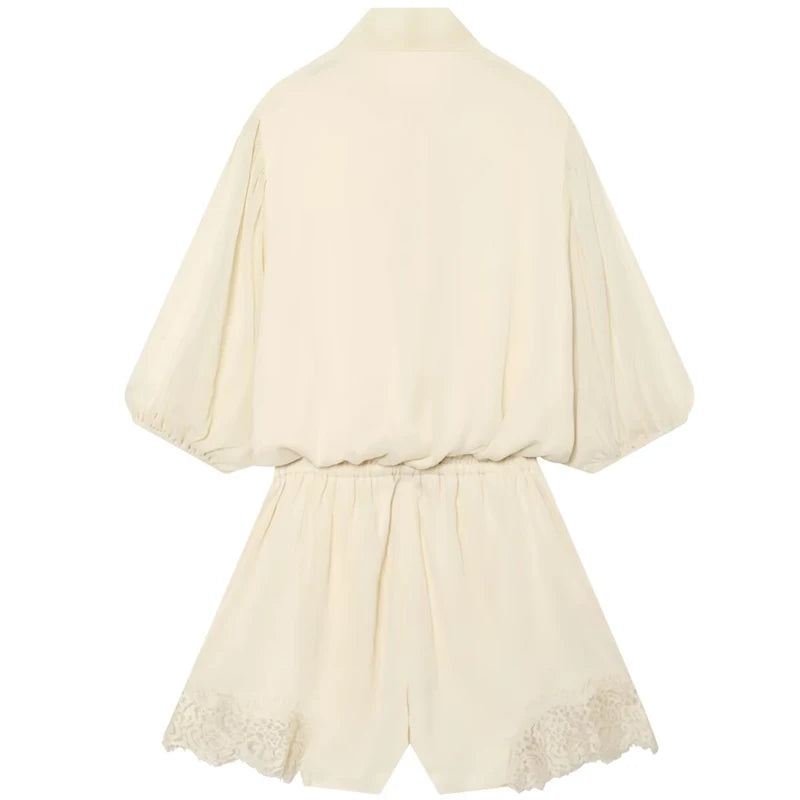 HXAO Ties Bow Lace Bodysuit Cream Short Jumpsuit Women Vacation Summer Playsuit Short Sleeve Mini Rompers Casual Combishort