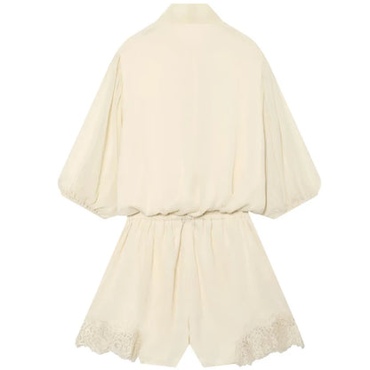 HXAO Ties Bow Lace Bodysuit Cream Short Jumpsuit Women Vacation Summer Playsuit Short Sleeve Mini Rompers Casual Combishort