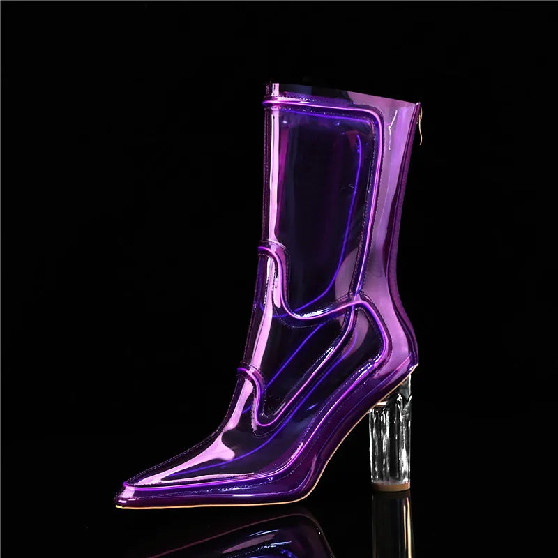Women Glowing Transparent PVC Ankle Boots Pointed Toe Chunky Clear High Heel Fashion Sexy Dress Party Nightclub Festival Stage