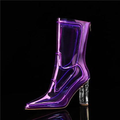 Women Glowing Transparent PVC Ankle Boots Pointed Toe Chunky Clear High Heel Fashion Sexy Dress Party Nightclub Festival Stage