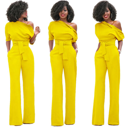 2024 Summer New Fashion Women's Jumpsuit Solid Color Slanted Shoulder Elegant Temperament Sleeveless Long Wide Leg Jumpsuit