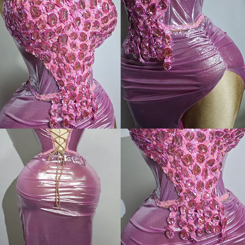 Woman Performance Suit Sexy Pink Backless Strapless Rhinestones Dress Event Costume Dancewear Top And Skirt Birthday Drag Club
