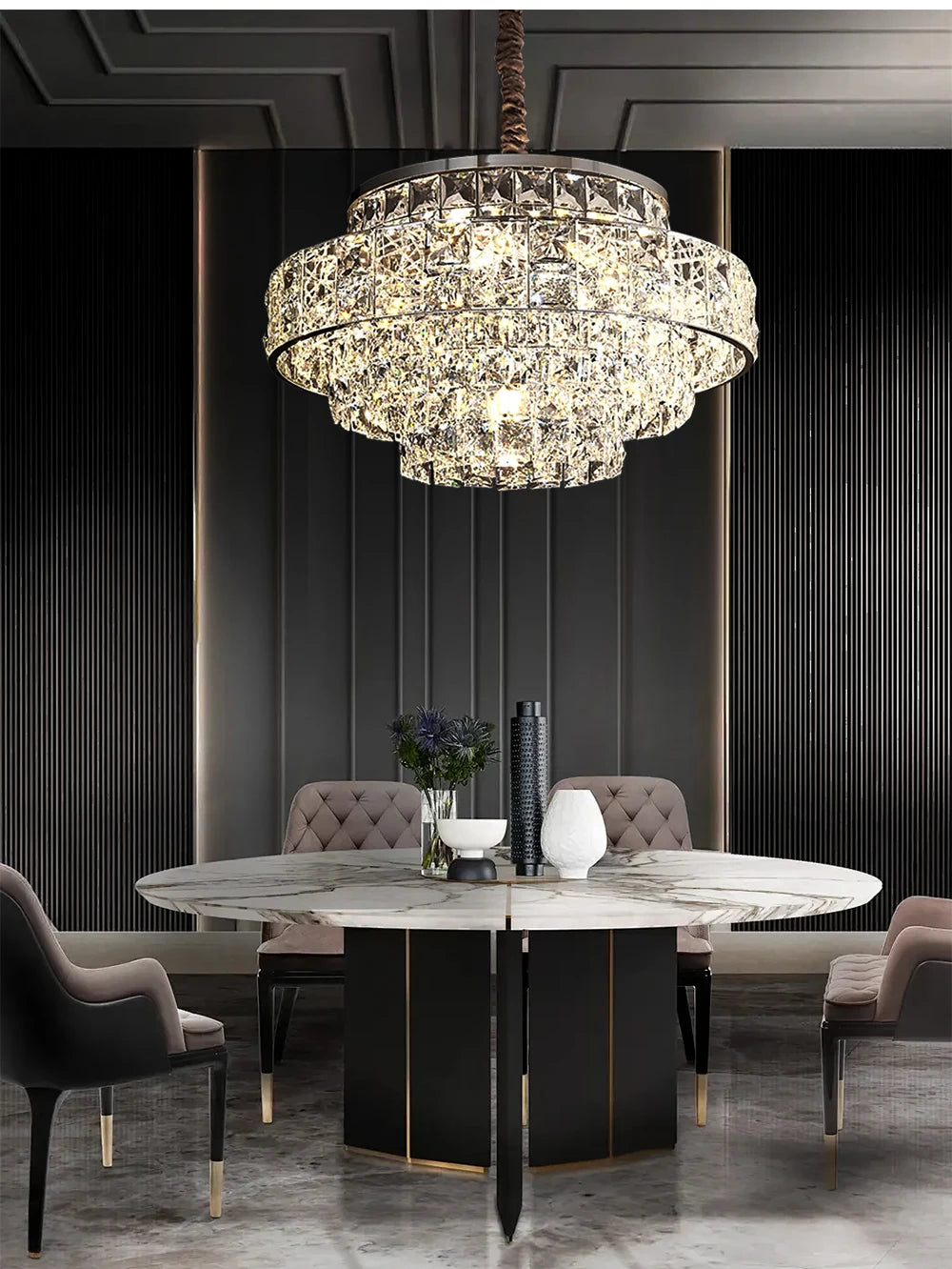 Luxury Glittering Crystal Long Pendant Lights Modern Lustres LED Oval Hanging Lamps for Ceiling Home Decor for Dining Room