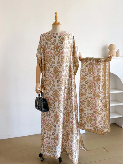 New Fashion Summer Dress With Big Scarf Dubai Turkey Kaftan Muslim Loose Abaya Women African Casual Flower Shawl Robe Moomoo