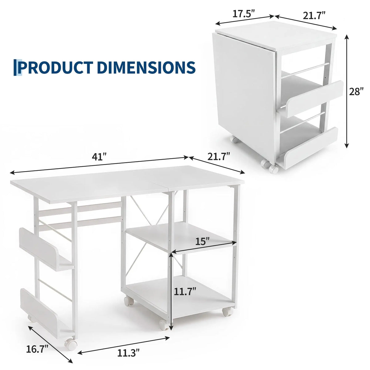 41inch Folding Computer Desk with Wheels, Space-Saving Mobile Home Office Writing Table, Storage Shelf, Side Organizer, Locking Rolling Casters