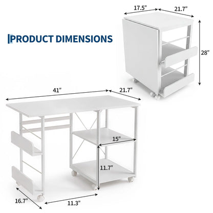 41inch Folding Computer Desk with Wheels, Space-Saving Mobile Home Office Writing Table, Storage Shelf, Side Organizer, Locking Rolling Casters
