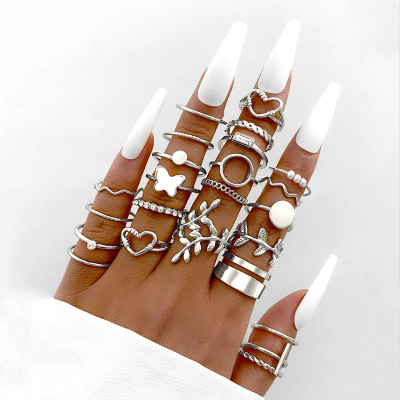 Boho Gold Color Rings Set For Women Fashion Cubic Zircon Heart Star Moon Flower Finger Rings Female Simple Trendy Jewelry Gifts
