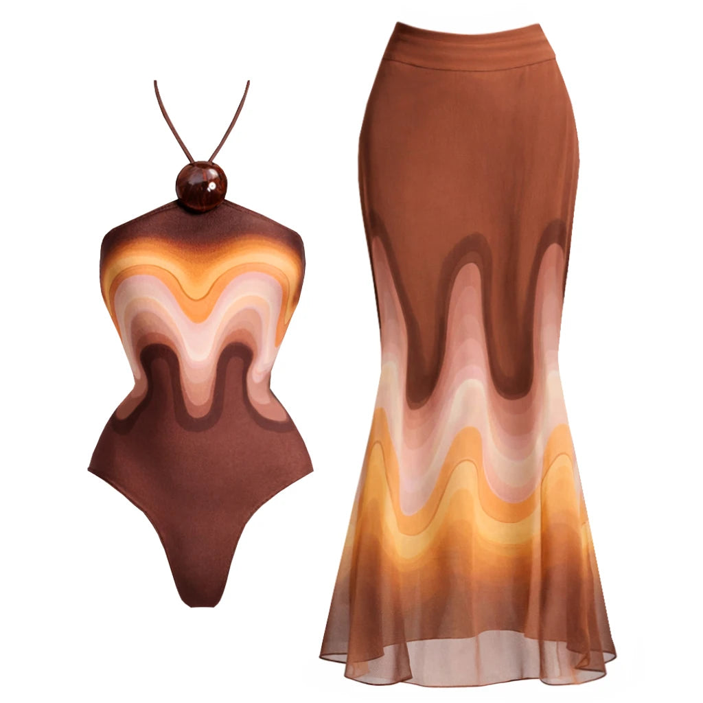 3Pcs Halter Swimsuit Sexy Women Bikini Push Up Swimwear Button Swimming Suits Female Long Skirt Cover Up Bathingsuit Beachwear