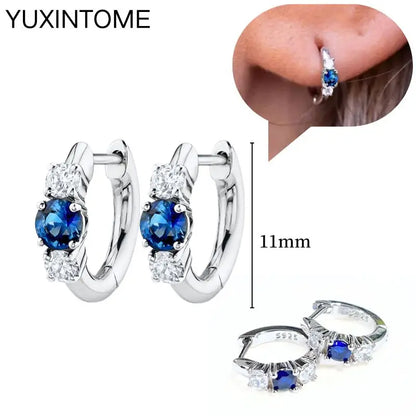 925 Sterling Silver Needle Dark Blue Crystal Silver Earrings Women's Exquisite Heart Blue Pendant Hoop Earrings Luxury Jewelry