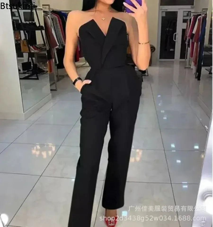 New Fashion Women's Elegant Jumpsuits Solid Off Shoulder Sexy Slim Jumpsuits Female Sleeveless High Waist Wide Leg Rompers Pants