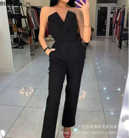New Fashion Women's Elegant Jumpsuits Solid Off Shoulder Sexy Slim Jumpsuits Female Sleeveless High Waist Wide Leg Rompers Pants