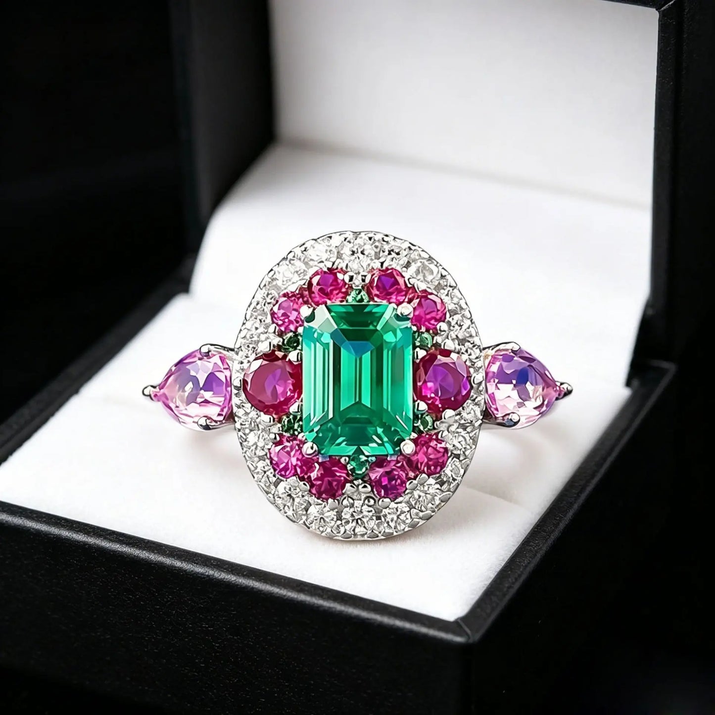 Luxury white gold solid platinum PT950 retro contrasting real emerald 5*7mm ring luxury banquet jewelry
