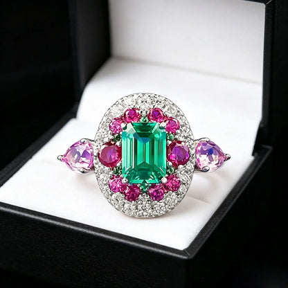 Luxury white gold solid platinum PT950 retro contrasting real emerald 5*7mm ring luxury banquet jewelry