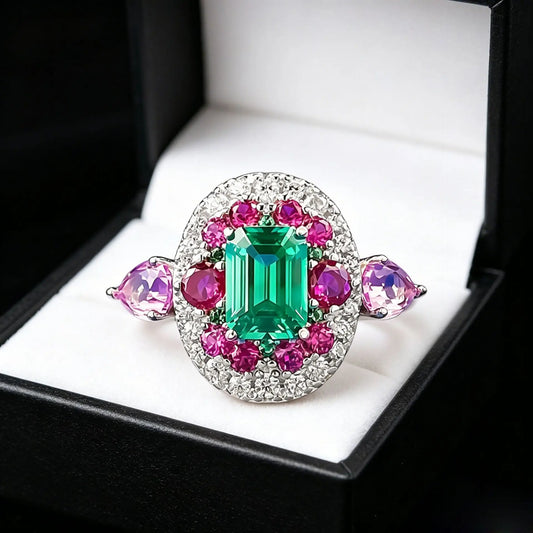 Luxury white gold solid platinum PT950 retro contrasting real emerald 5*7mm ring luxury banquet jewelry