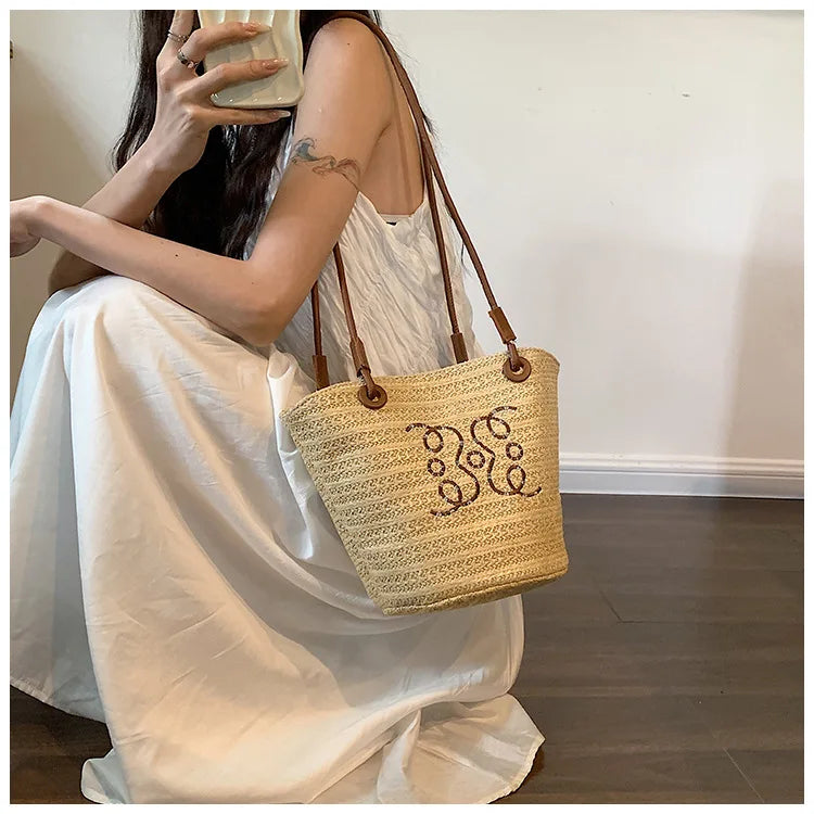Summer New Vacation Woven Straw Bag, High Quality Seaside Beach Bag for Women, Women's Beach Bags Bucket Bag